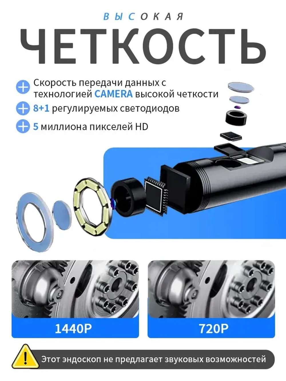 Эндоскоп для смартфона с подсветкой, 2 камеры, 3МП, 8мм, водонепроницаемый, Android/iOS, 2 метра, жесткий кабель