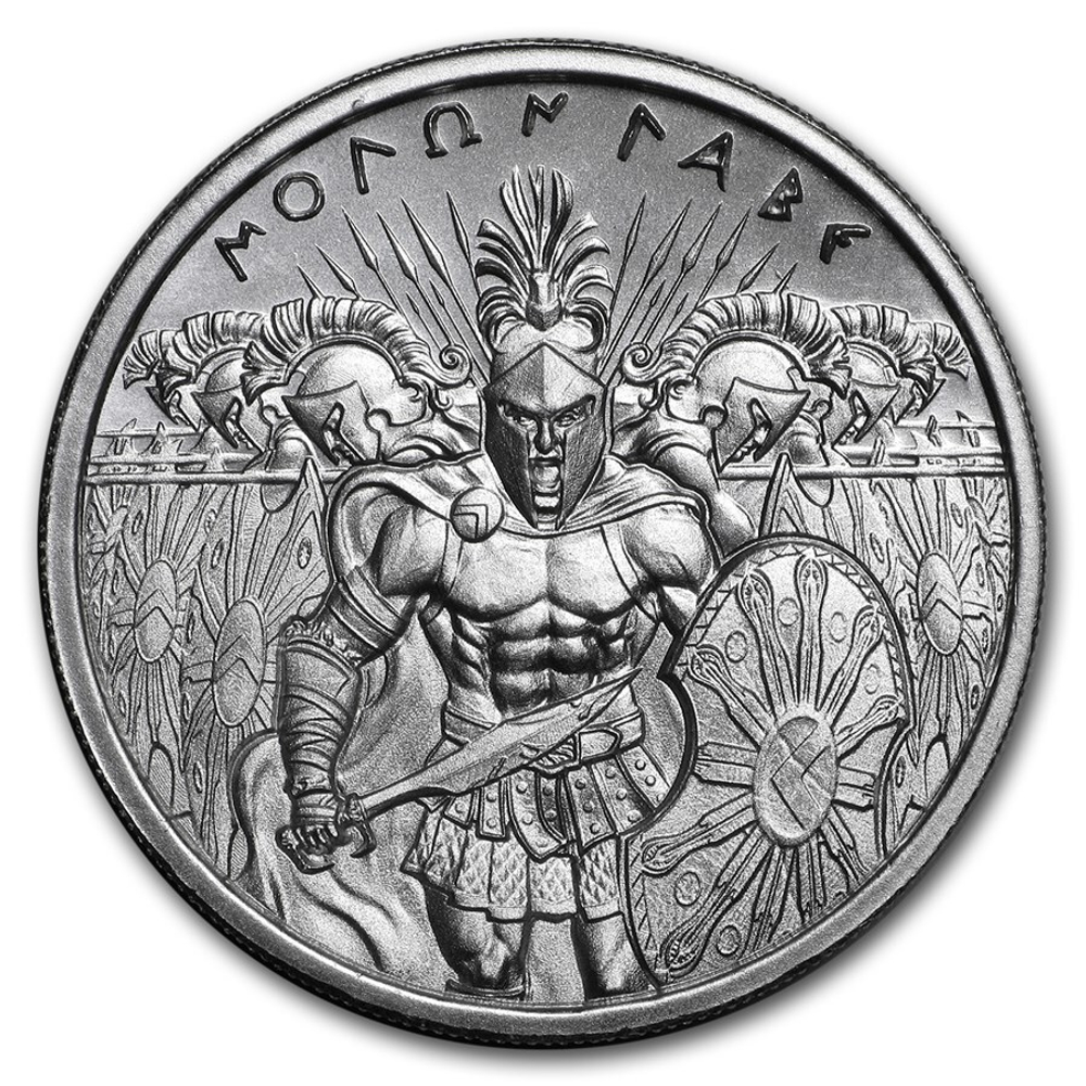 Серебряный раунд (жетон). Спарта Спартанец с мечом и щитом Molon Labe. Серебро 62,2 грамма