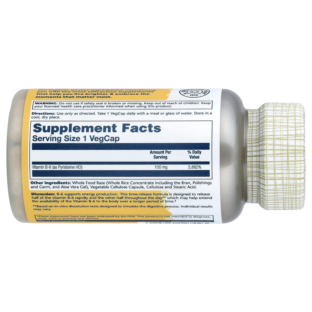 Solaray, Timed Release, витамин B6, 100 мг, 60 растительных капсул