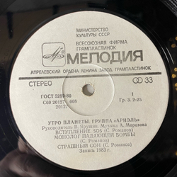 Винтажная виниловая пластинка LP Вокально Инструментальный Ансамбль Ариэль Утро Планеты (СССР 1983)