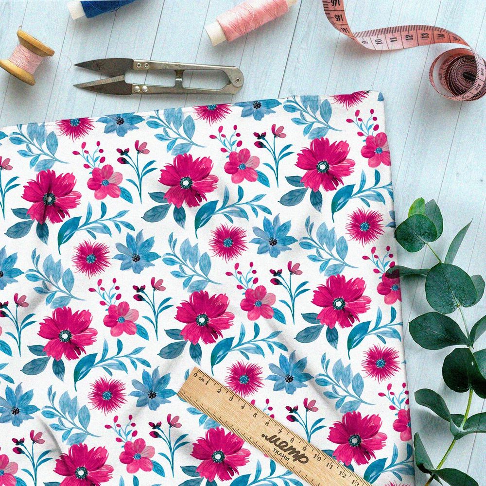 Ткань оксфорд 210 ярко-розовые цветы на белом фоне