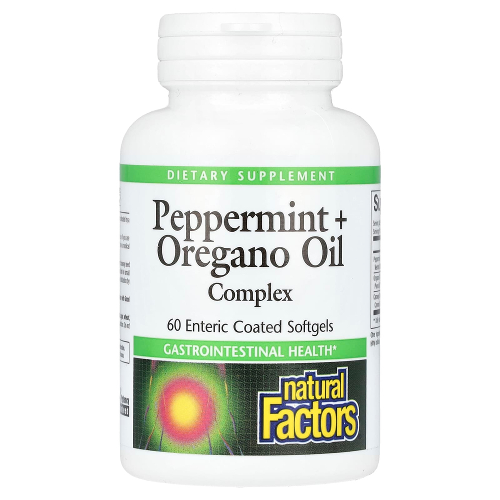 Natural Factors, комплекс из перечной мяты и масла орегано, 60 капсул, покрытых кишечнорастворимой оболочкой