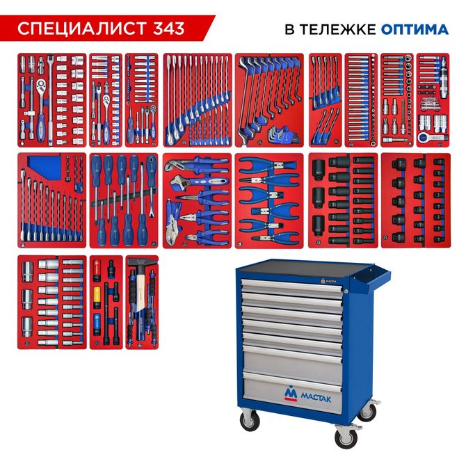 МАСТАК (52-07343B) Набор инструментов 343 предмета, "СПЕЦИАЛИСТ 343", в синей тележке