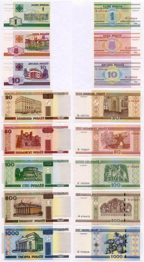 Банкноты Беларусь 8 шт (1, 5, 10, 20, 50, 100, 500 и  1000 рублей) 2000 год. UNC