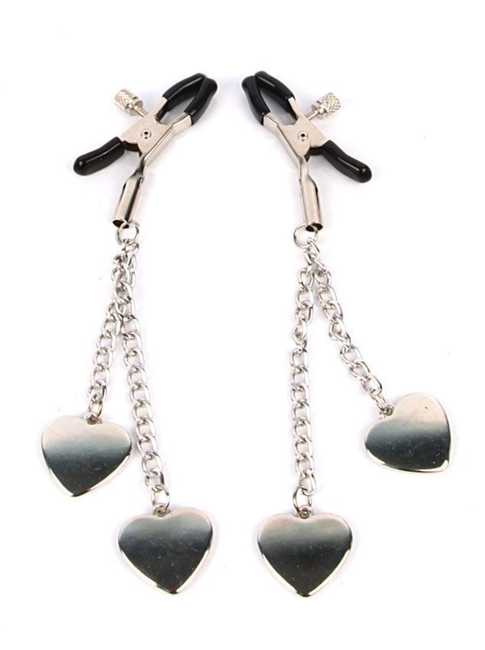 Серебристо-черные зажимы на соски с декором в виде сердечек (Цвет: серебристый с черным)