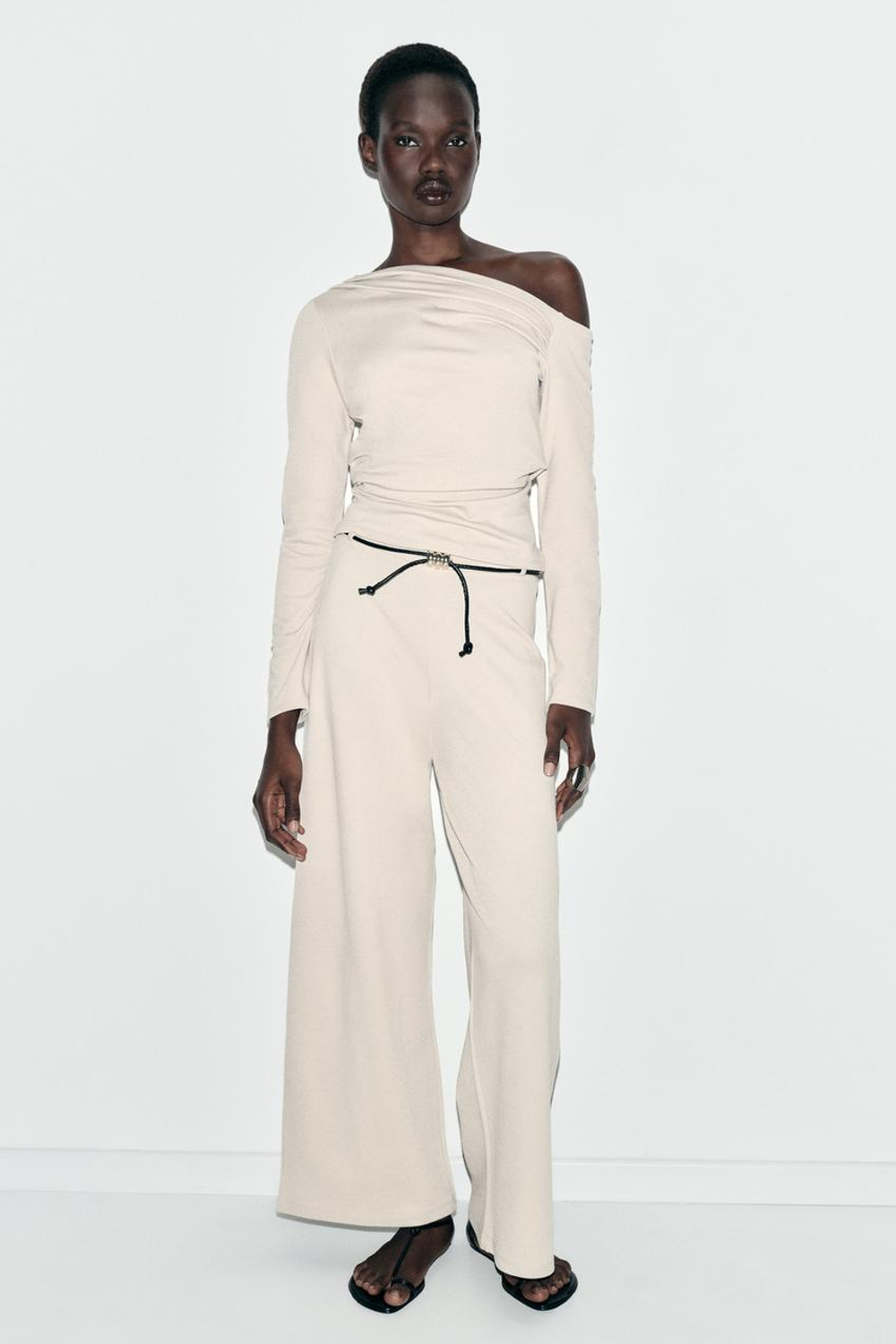 ZARA ТОП АСИММЕТРИЧНОГО КРОЯ ИЗ ТКАНИ ПИКЕ, ЭКРЮ