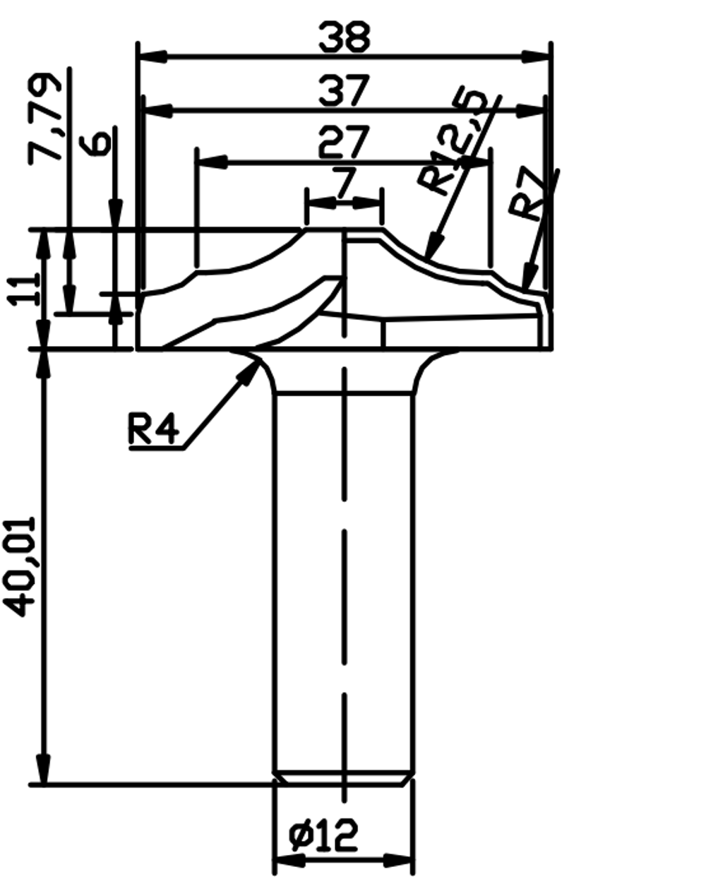 PCD профильная фреза D.38x11 S.12x40,01 Z2