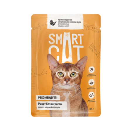 Smart Cat 85г пауч Влажный корм для взрослых кошек и котят Курочка и морковь (соус)