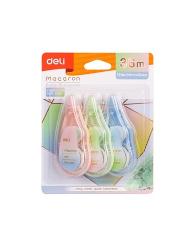 Корректор-лента Deli 5ммх12м, набор 3шт., ассорти корпус, блистер EH333