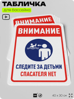 Табличка для бассейна "Внимание, следите за детьми", на пляж, для общественной и частной зоны отдыха, информационная, 40х30 см, Silver Plane x Айдентика Технолоджи