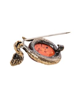AM-2848 Брошь «Змея Гадюка « (латунь, янтарь)
