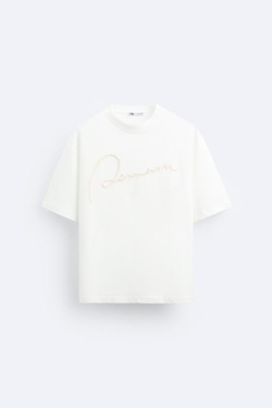 ZARA ФУТБОЛКА С ВЫШИВКОЙ, БЕЛЫЙ