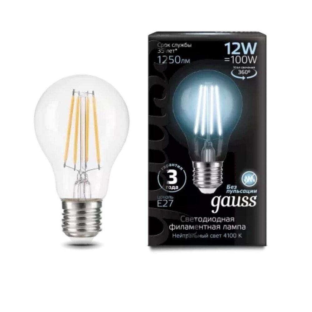 Лампа Gauss LED Filament A60 12W E27 1250 lm 4100K 102902212