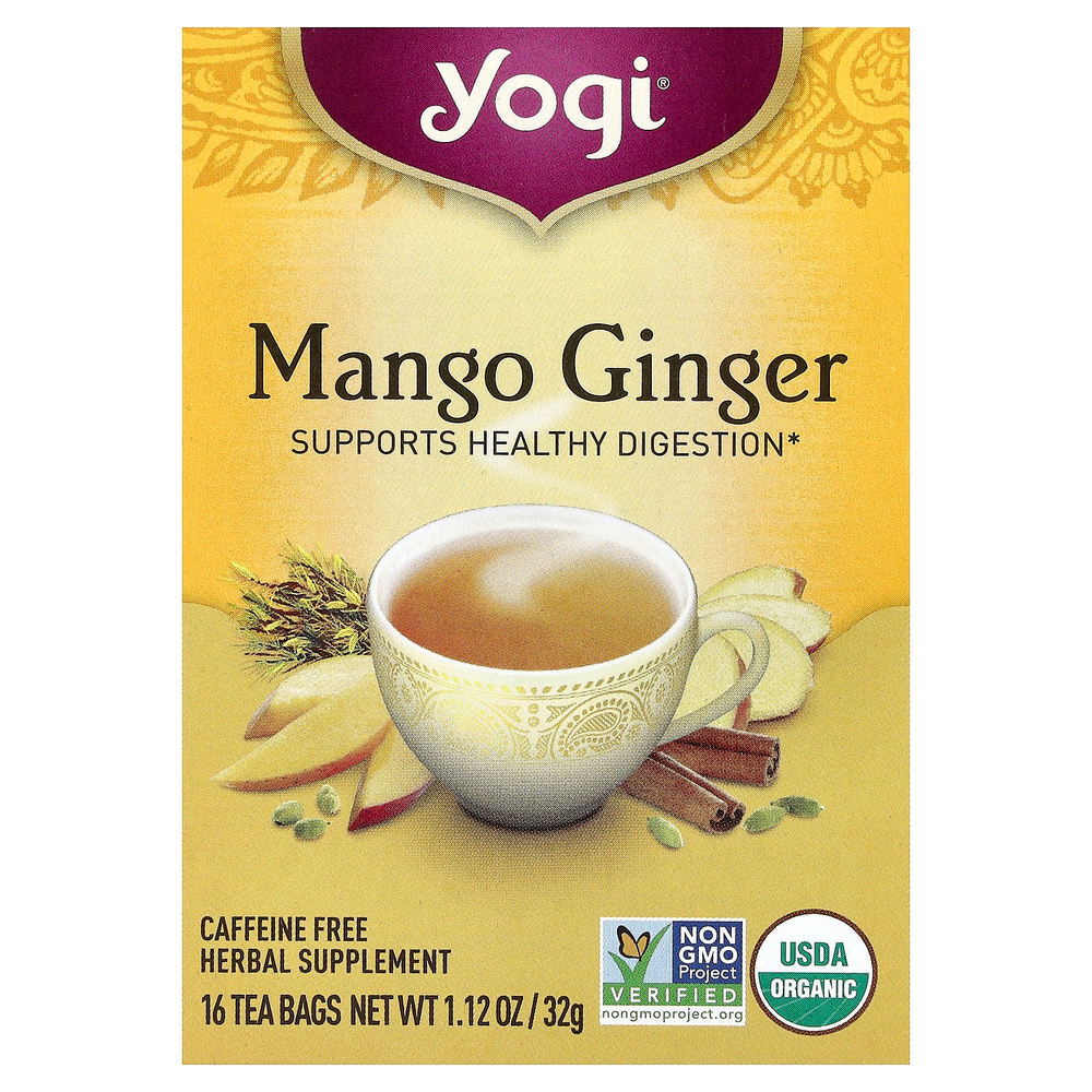 Yogi Tea, манго и имбирь, без кофеина, 16 чайных пакетиков, 32 г (1,12 унции)