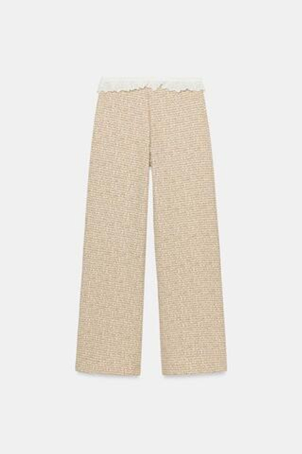 ZARA БРЮКИ ИЗ РЕЛЬЕФНОЙ ТКАНИ С ВОЛАНАМИ, ЭКРЮ/КОРИЧНЕВЫЙ