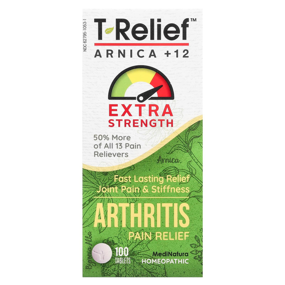 MediNatura, T-Relief ™, арника +12, обезболивающее при артрите, повышенная сила действия, 100 таблеток