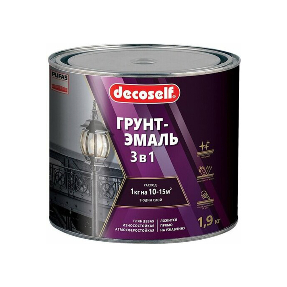 Decoself ПУФАС Грунт-эмаль 3 в 1 быстросохнущая серый глянцевый 1,9кг