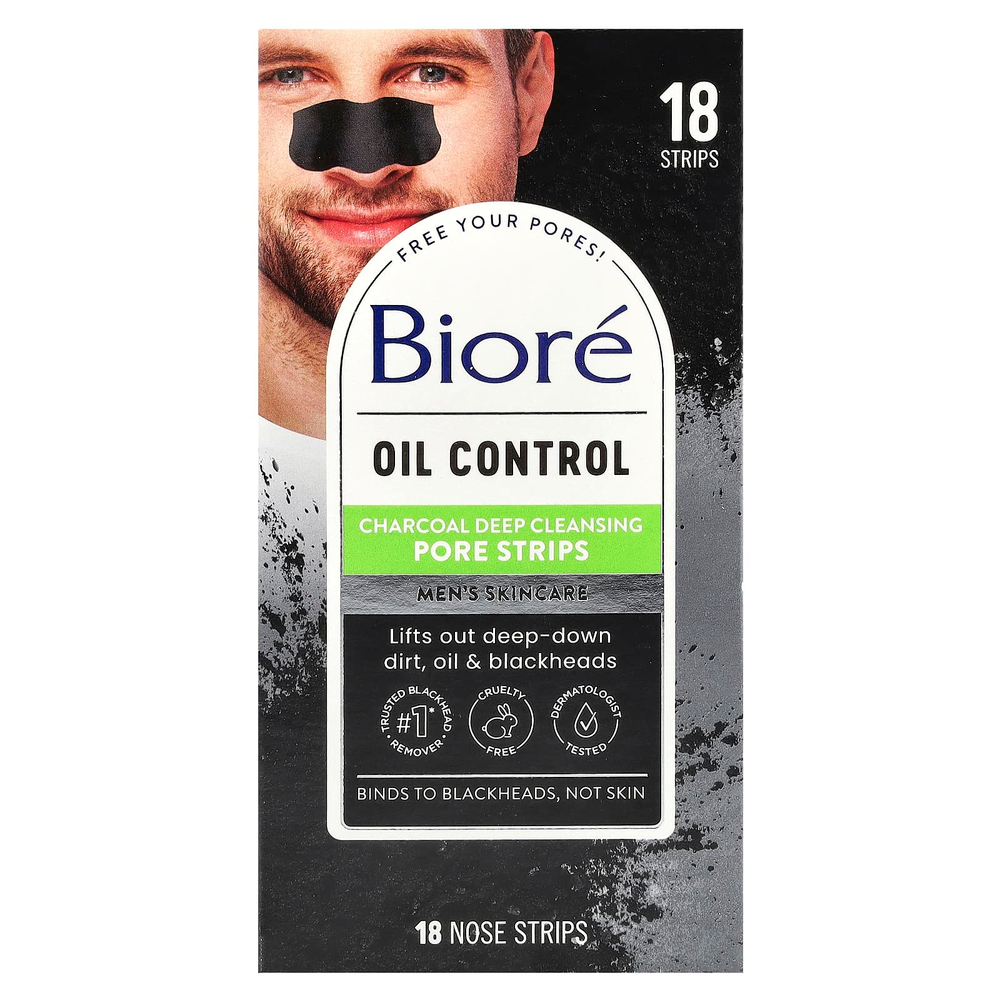 Biore, Очищающие полоски с древесным углем для глубокого очищения пор, 18 полосок для носа