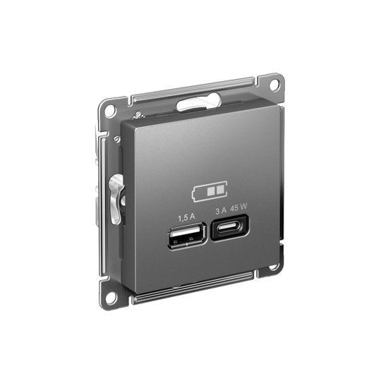 Розетка USB AtlasDesign тип A+C 45Вт QC PD высокоскор. ЗУ механизм сталь SE ATN000929