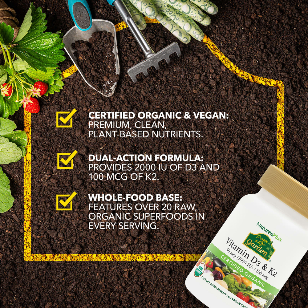 NaturesPlus, Source of Life Garden®, витамины D3 и K2, 60 веганских капсул