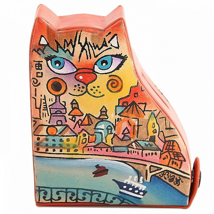 Копилка под мелочь Кошка Венеция, цвет рыжий, натуральная кожа, ручная роспись 11,5x9,5x3 см.