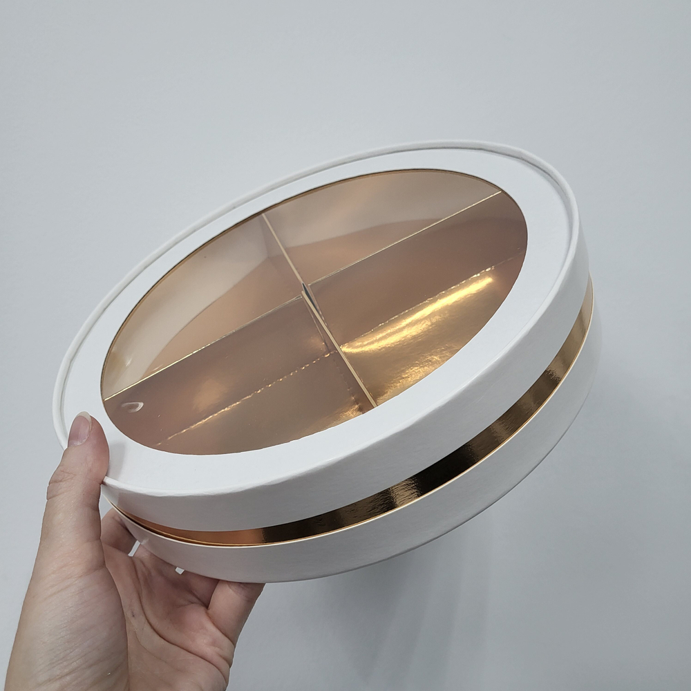 Коробка под ягоды ТУБУС d=24,5 см h=5 см Белая/золото (ложэлемент убирается)