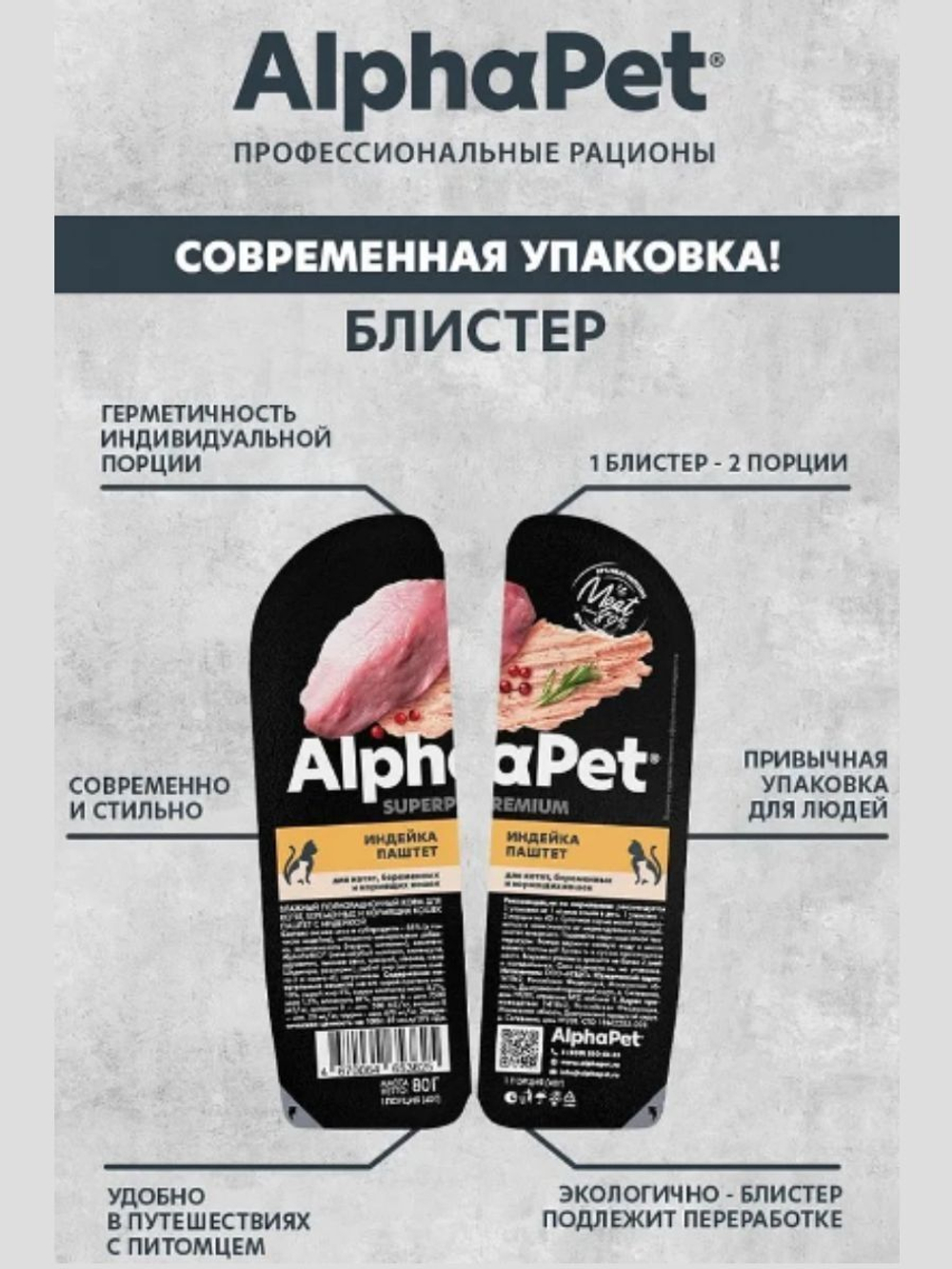 Влажный корм для котят, беременных и кормящих кошек паштет с индейкой AlphaPet Superpremium 80г. В комплекте 15 шт