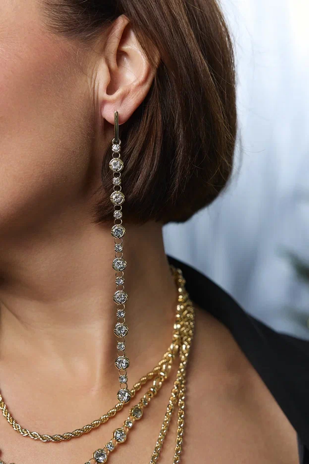 Серьги "Богема" длинные "дорожки"  с цирконами, оттенок золото