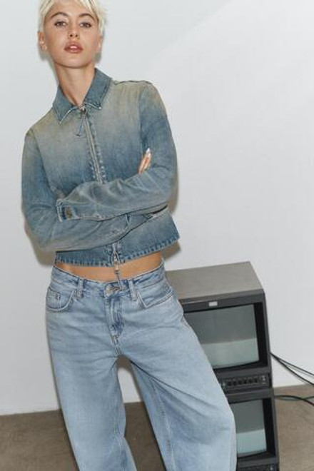 ZARA ДЖИНСОВАЯ КУРТКА TRF НА МОЛНИИ, МОРСКОЙ СИНИЙ