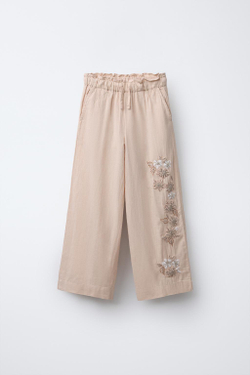 ZARA БРЮКИ ИЗ СМЕСОВОГО ЛЬНА С ВЫШИВКОЙ, СВЕТЛО-БЕЖЕВЫЙ