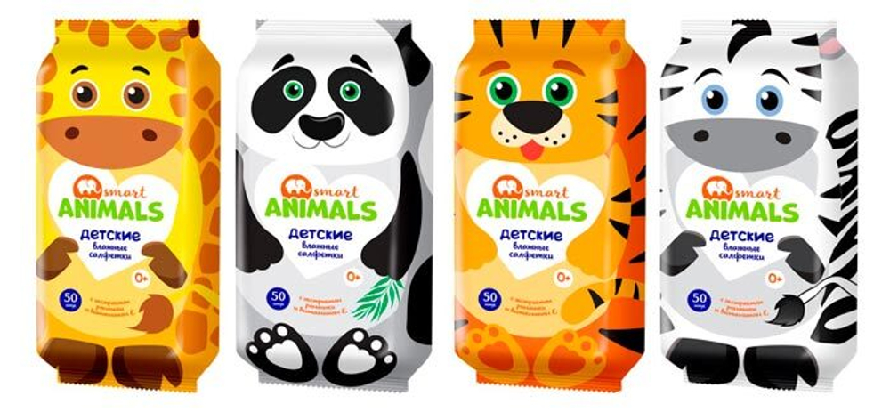 Салфетки влажные Авангард Smart animals с ромашкой 50 штук.