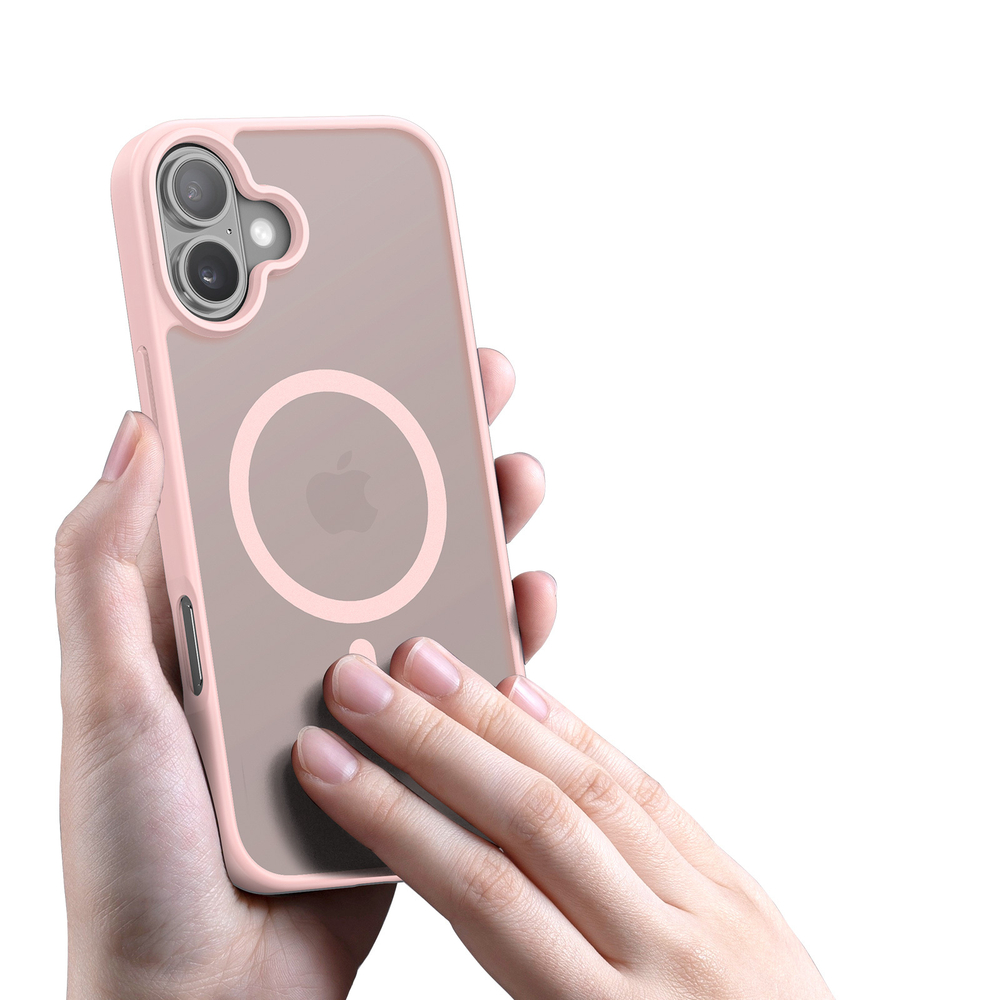 Прозрачный матовый чехол с рамками розового цвета (Light Pink) и с поддержкой MagSafe от Dux Ducis для iPhone 16 Plus, серия Yind Series Case