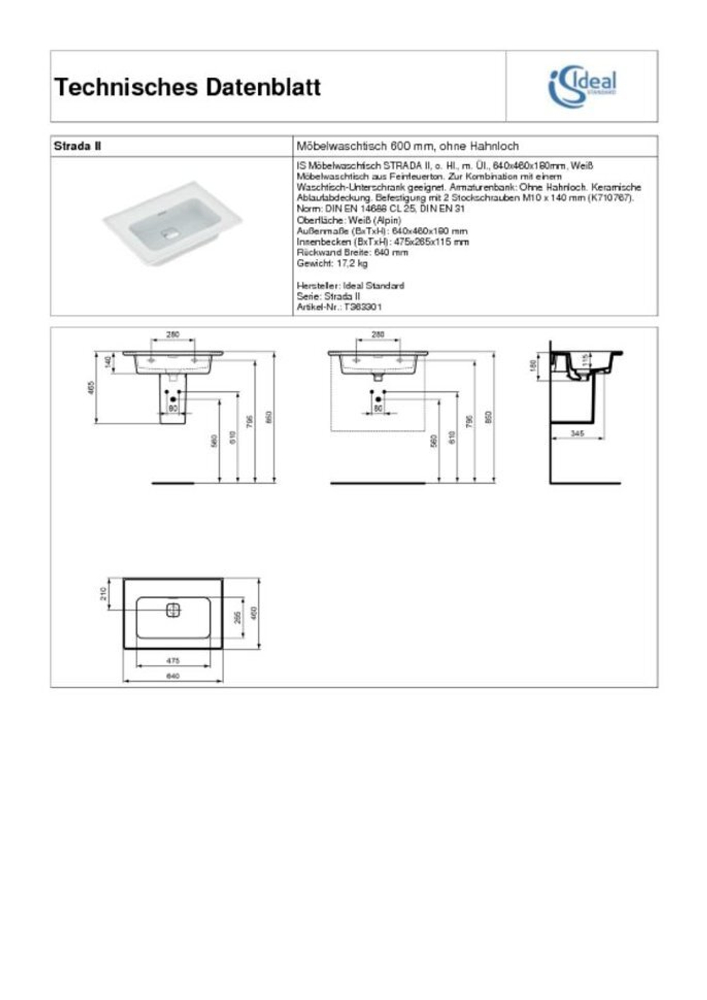 Раковина Ideal Standard STRADA II T363301