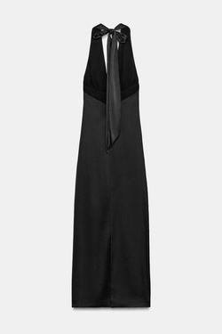 ZARA ДЛИННОЕ АТЛАСНОЕ ПЛАТЬЕ ХАЛТЕР, ЧЕРНЫЙ