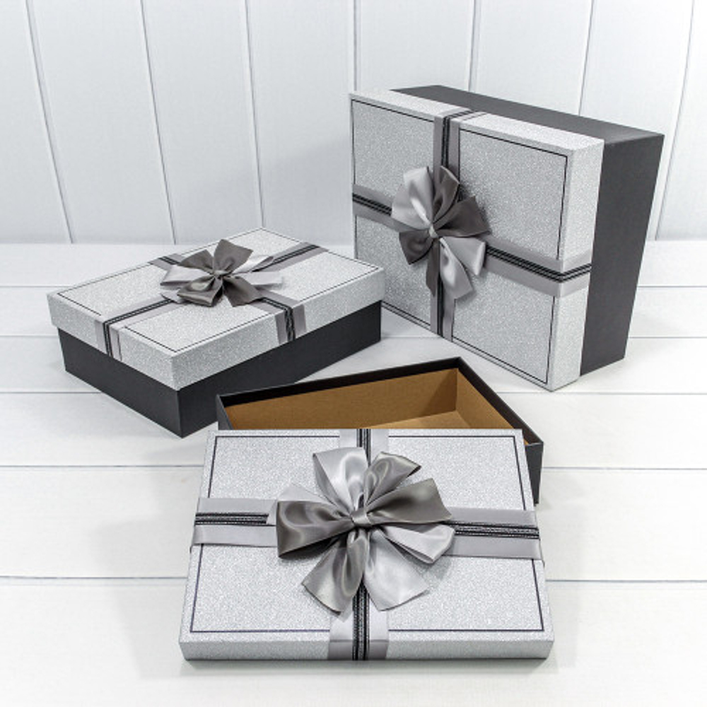 Коробка 33.5х25х11.5 см Набор 3 шт "Блеск" с бантом (Серебряный)