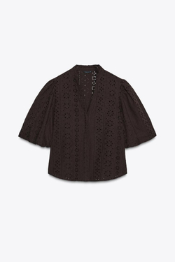 ZARA РУБАШКА С ПЕРФОРИРОВАННОЙ ВЫШИВКОЙ И РУКАВАМИ-БУФАМИ, КОРИЧНЕВЫЙ