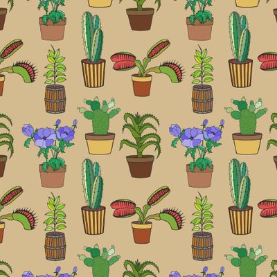 Seamless pattern of flowerpots, cacti in pots.