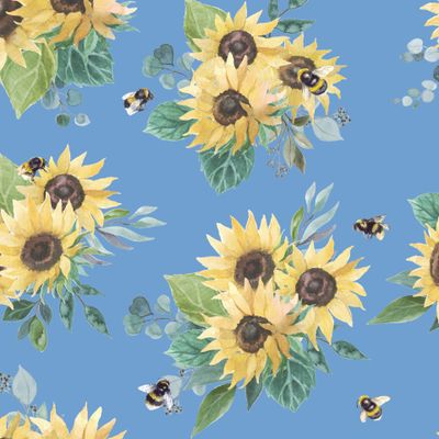 Паттерн с подсолнухами и пчелами на голубом фоне