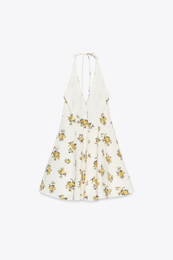 ZARA КОРОТКОЕ ПЛАТЬЕ-ХАЛТЕР С ЦВЕТОЧНЫМ ПРИНТОМ, ЭКРЮ/ЖЕЛТЫЙ