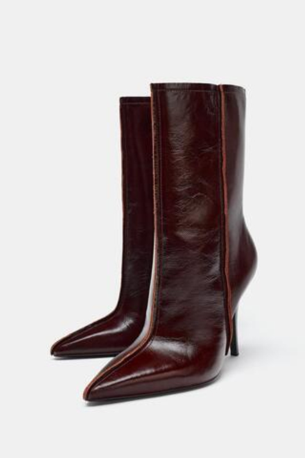 ZARA КОЖАНЫЕ БОТИЛЬОНЫ С ОСТРЫМ НОСОМ, КОРИЧНЕВЫЙ