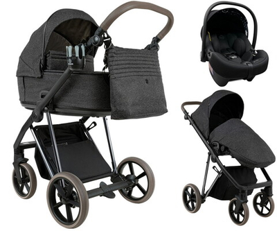 Детская коляска Roan Sol Vintage Luxury 2.0 3 в 1 с автокреслом Tutis Elo Lux EduSky Black PIX/55/D Pixel/Dark/Nickel/руч.Cappuccino