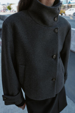 ZARA КОРОТКОЕ ПАЛЬТО С ВЫСОКИМ ВОРОТНИКОМ, СЕРЫЙ МЕЛАНЖ