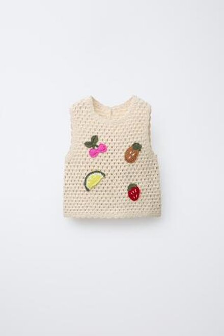 ZARA ТРИКОТАЖНЫЙ ТОП ИЗ КРУЖЕВА КРОШЕ, СЛОНОВАЯ КОСТЬ
