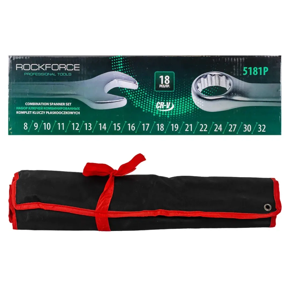 Набор ключей комбинированных 18пр.(8-19, 21, 22, 24, 27, 30, 32мм),на полотне RockForce##Rock FORCE RF-5181P