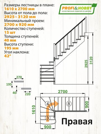 Лестница на второй этаж К-001м/4 Правая c подступенками