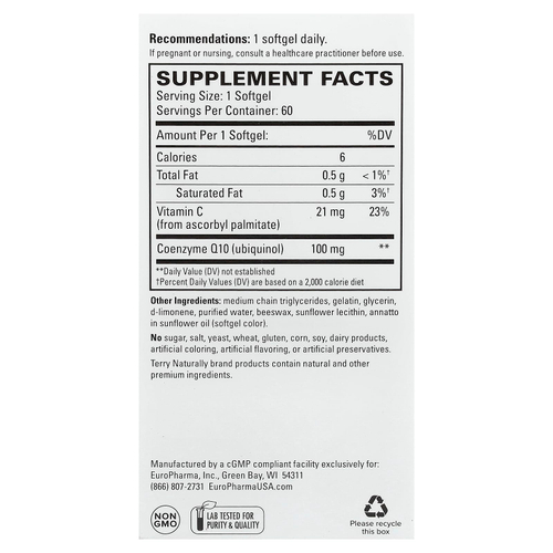 Terry Naturally, коэнзим Q10, биоактивный убихинол, 60 капсул