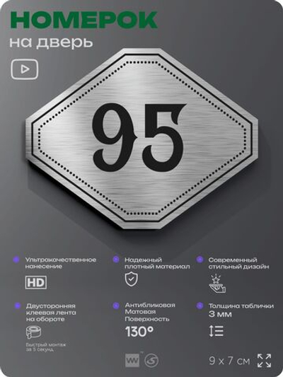 Номерок на дверь квартиры 95, для кабинета, офиса, шильдик 9 х 7 см, серебристый, Айдентика Технолоджи
