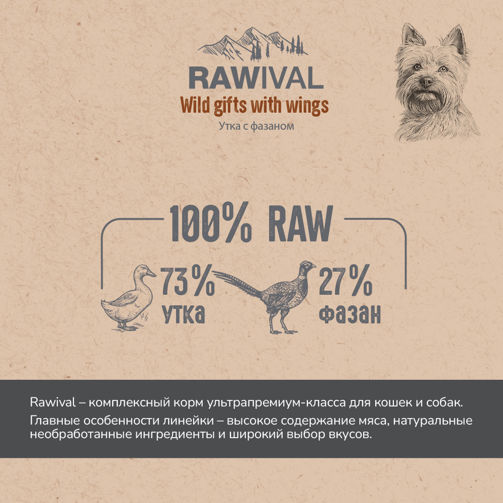 Сухой корм RAWIVAL для собак карликовых и мелких пород с уткой c фазаном - 2,5 кг
