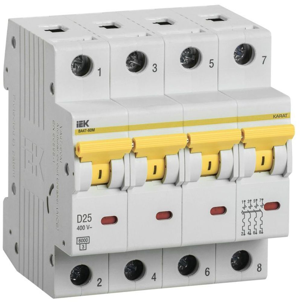 Выключатель автоматический модульный 4п D 25А 6кА ВА47-60M KARAT IEK MVA31-4-025-D Выключатель автоматический модульный 4п D 25А 6кА ВА47-60M KARAT IEK MVA31-4-025-D