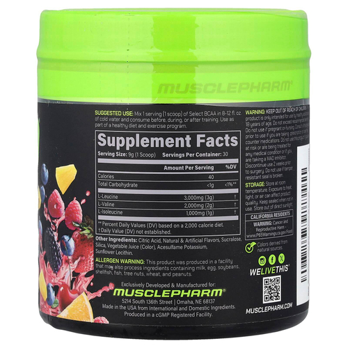 MusclePharm, Select BCAA, со вкусом фруктового пунша, 270 г (9,5 унции)